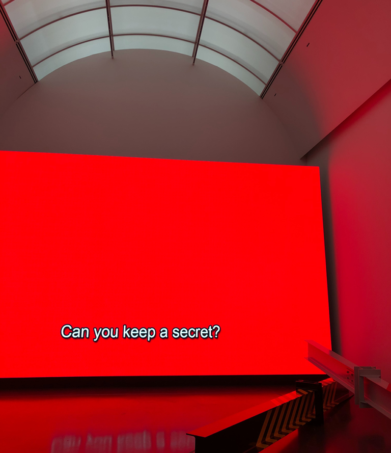 Videoscreen im Museum mit Untertitel Can You keep a Secret