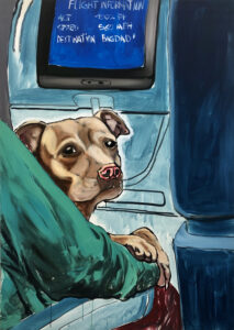 Auf dem Gemälde von Robin Rapp schaut ein Hund über die Schulter des Besitzers, wobei beide im Flugzeug sitzen