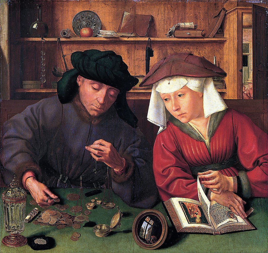 Das alte Gemälde zeigt im Vordergrund ein Ehepaar, dass Geldmunzen auf einer Waage abwägt