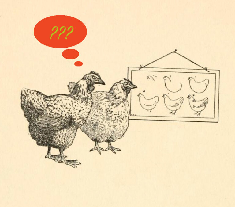 Zwei Hühner stehen vor einer Zeichnung, die sie zeigt und fragen sich nach dem Sinn der Kunst