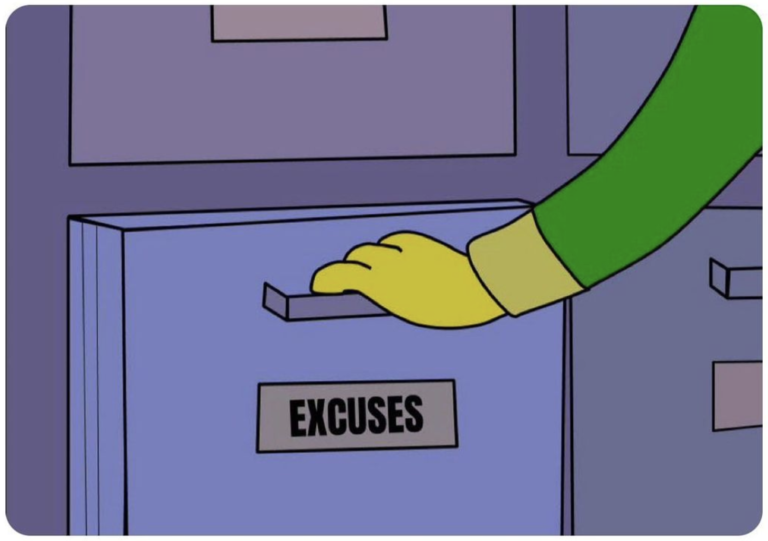 Eine Cartoonhand öffnet eine Schublade auf der "Excuses" steht.