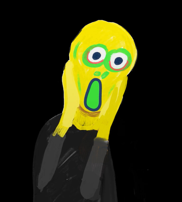 Eine gelbe Figur von Edward Munch die sich schreiend den Kopf hält